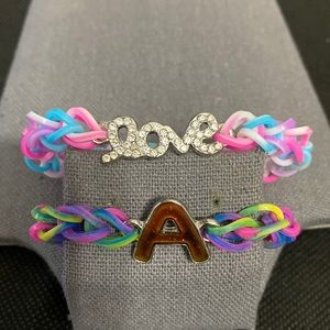 Lot of 10 Rubber band bracelets 2 with charms - “Love” & initial “A” & 3 charms